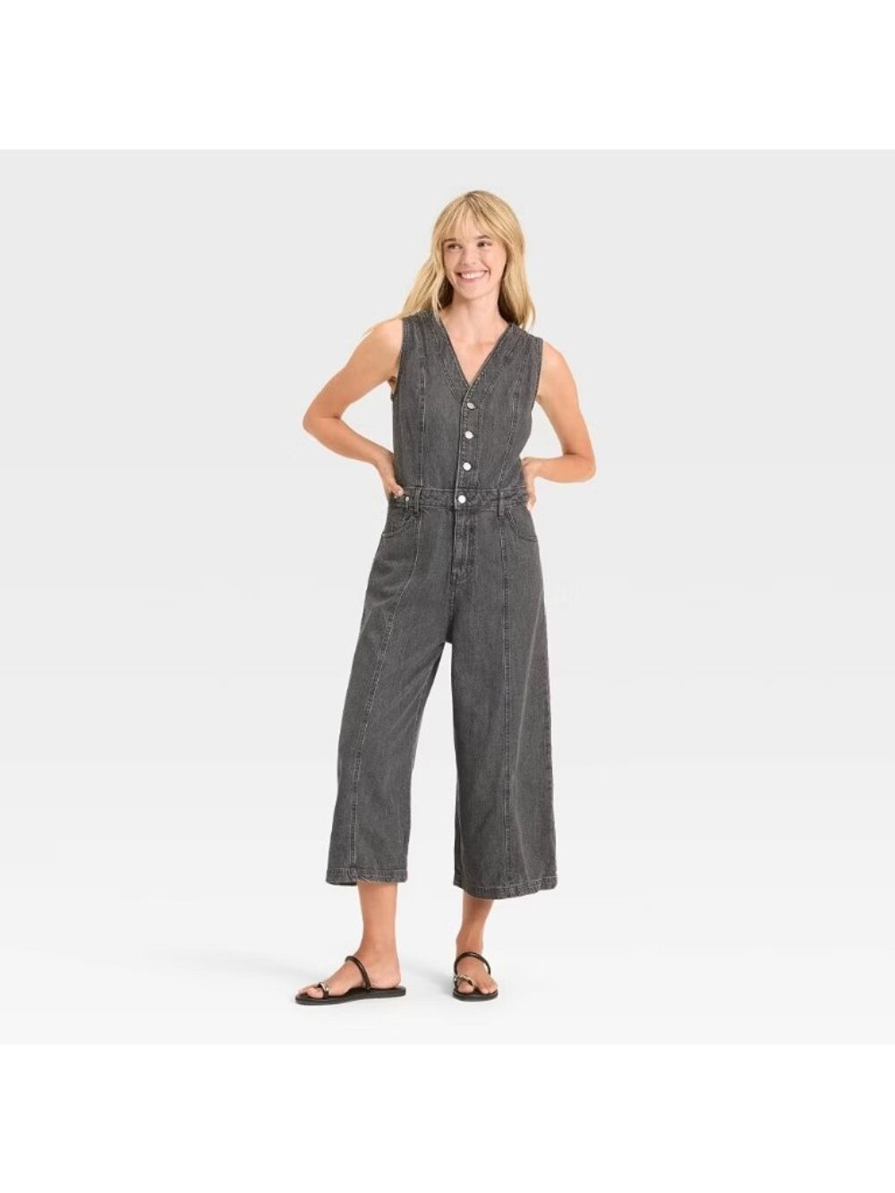 Universal Thread - Women's Cropped Sleeveless Denim Jumpsuit - Black Size 16